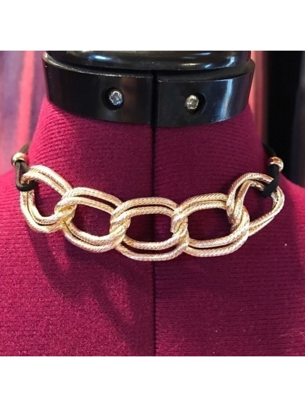 Chain Link Necklace Gold Tone Faux Black Leather Strap New In Package Jewelry